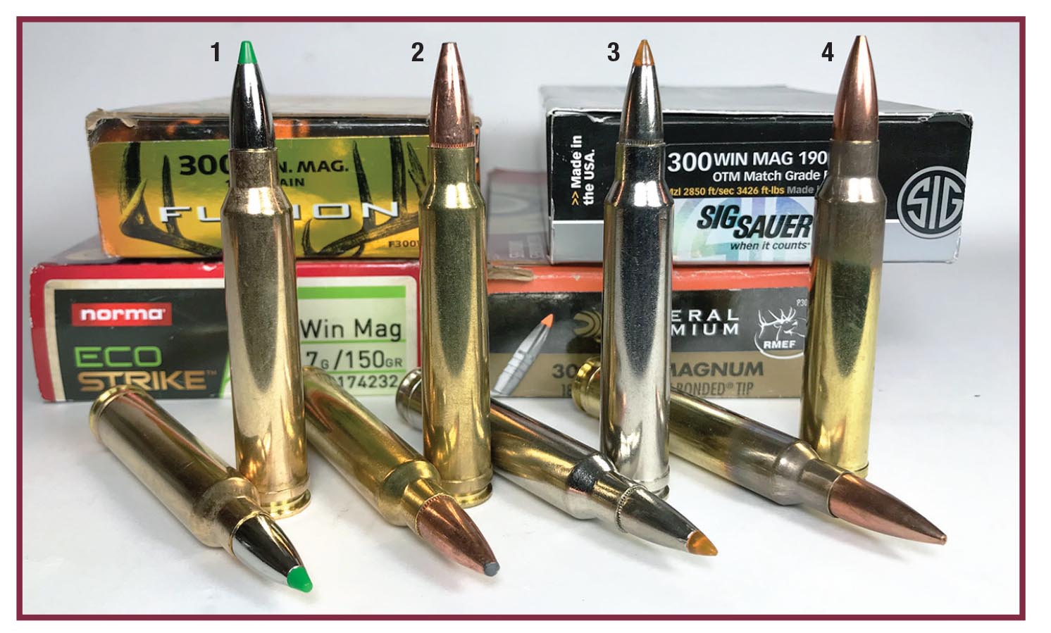 The Cooper Open Country rifle shot well with these four .300 Winchester Magnum factory loads: (1) Norma 150-grain